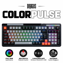 Dragos ColorPulse Siyah Gri Red Switch Hotswap Şarjlı USB Wireless Bluetooth Full RGB Oyuncu Mekanik Klavyesi - Dragos