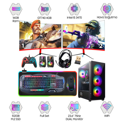 Turbox Tx3814 i5 3470 16GB Ram 512GB M.2 NVMe SSD 4GB GT740 GDDR5 23.6 75Hz Curved Çift Monitör Oem Paket - 1
