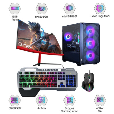 Turbox Tx5072 Intel Core i5 11400F 16GB Ram 512GB SSD 8GB RX580 23.6 75Hz Curved Oem Paket - 1